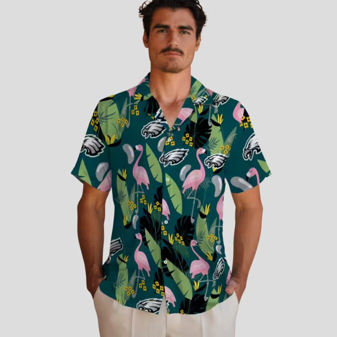 Philadelphia Eagles Beach Hawaiian Shirt, Green Flamingo Aloha NFL Vacation Shirt