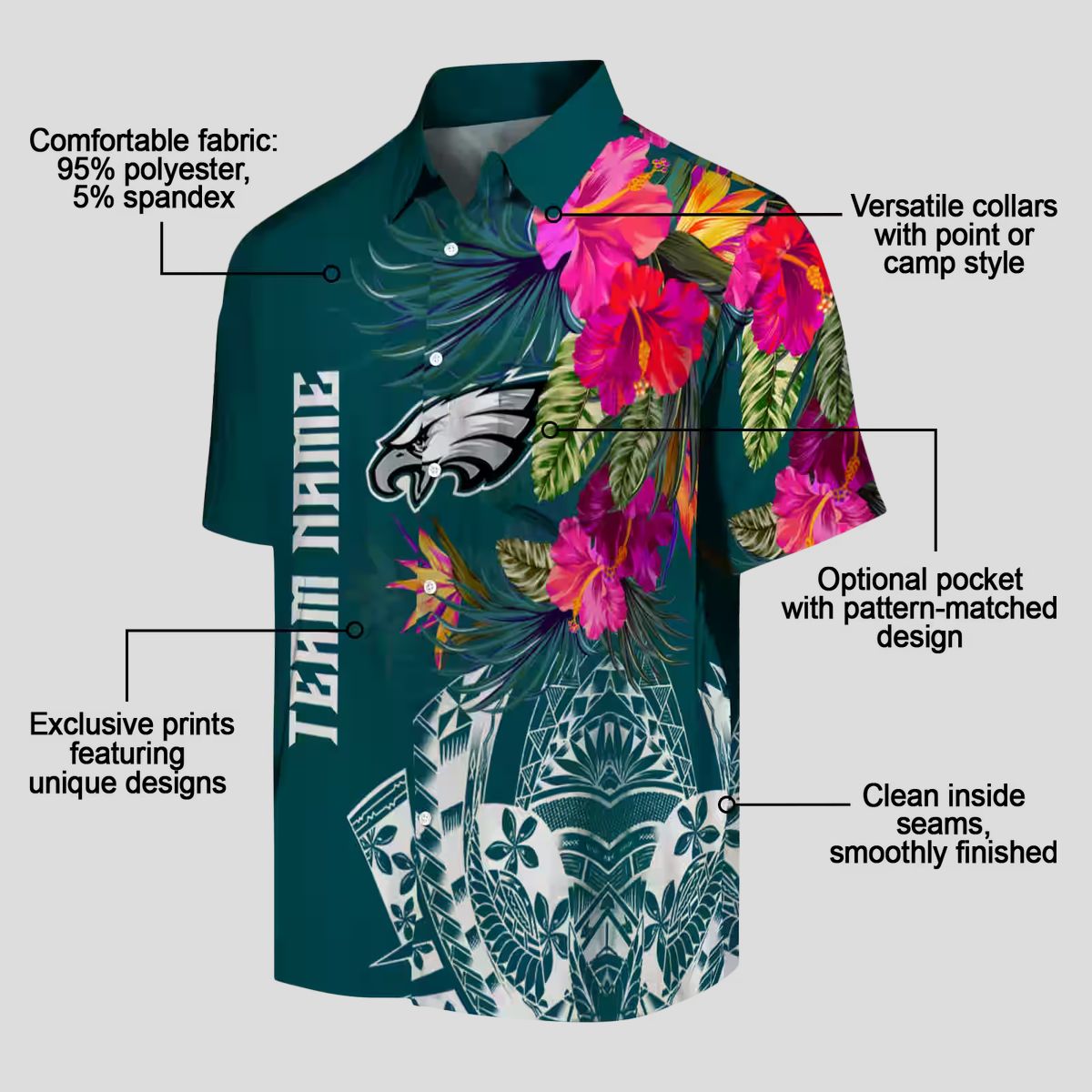 Philadelphia Eagles Floral Polynesian Hawaiian Shirt, Green NFL Aloha Summer Beachwear