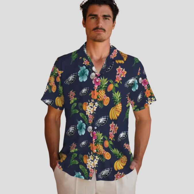 Philadelphia Eagles Hibiscus & Fruit Hawaiian Shirt, NFL Aloha Navy Blue Shirt