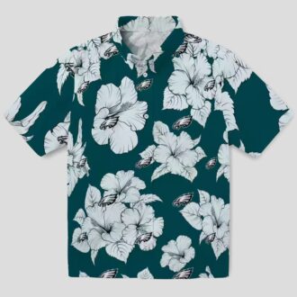 Philadelphia Eagles Summer Hawaiian Shirt - Green White Hibiscus Blooms Design