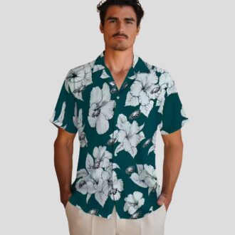 Philadelphia Eagles Summer Hawaiian Shirt - Green White Hibiscus Blooms Design