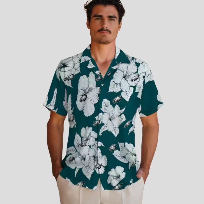 Philadelphia Eagles Summer Hawaiian Shirt - Green White Hibiscus Blooms Design
