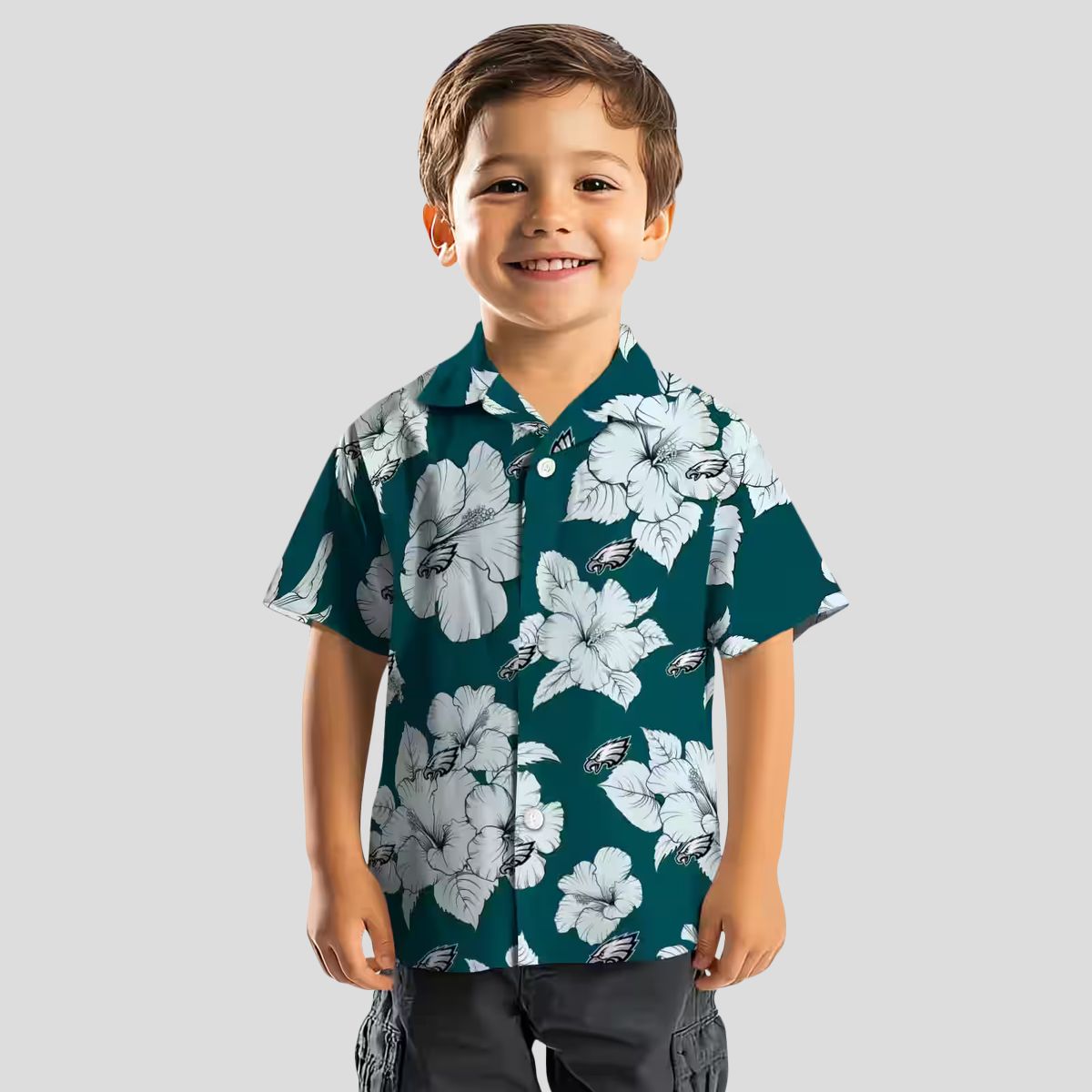 Philadelphia Eagles Summer Hawaiian Shirt - Green White Hibiscus Blooms Design