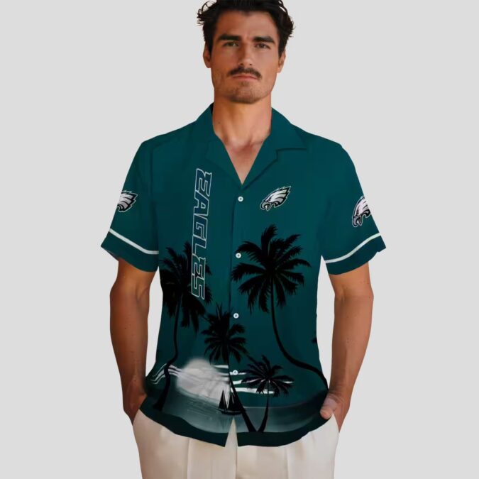 Philadelphia Eagles Sunset Hawaiian Shirt, Green Black Tropical Beach Shirt for NFL Fans