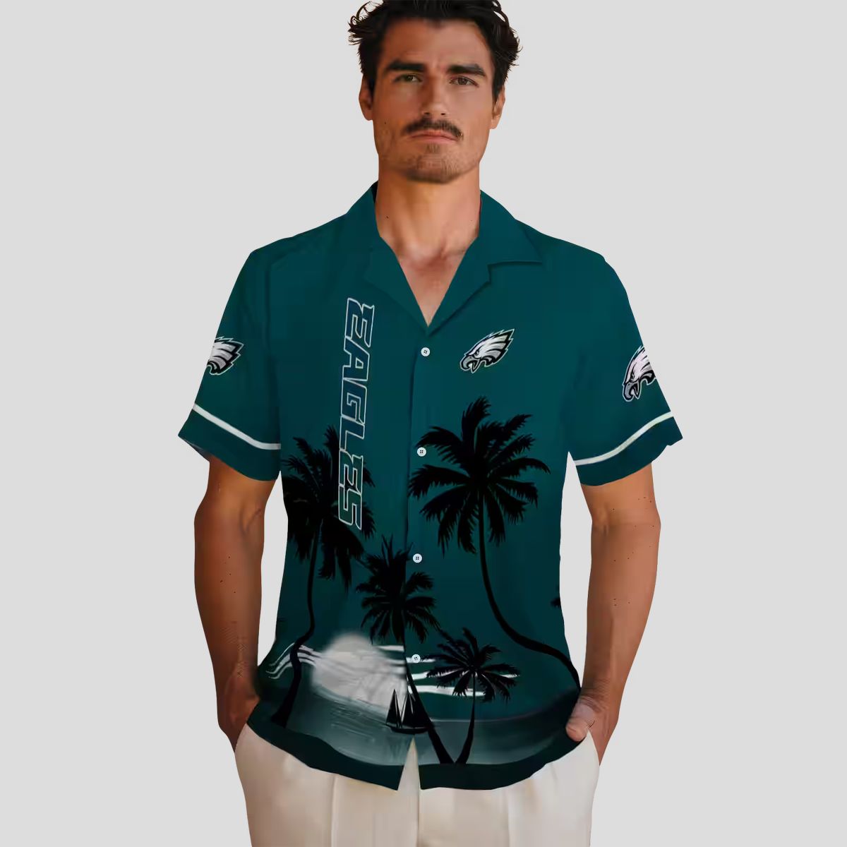 Philadelphia Eagles Sunset Hawaiian Shirt, Green Black Tropical Beach Shirt for NFL Fans