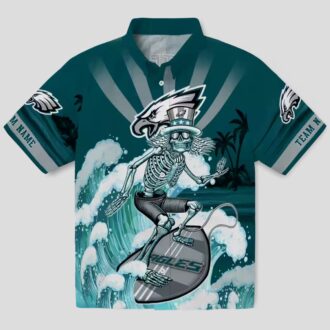 Philadelphia Eagles Surfing Skeleton Hawaiian Shirt, Custom Green & Blue NFL Aloha Shirt