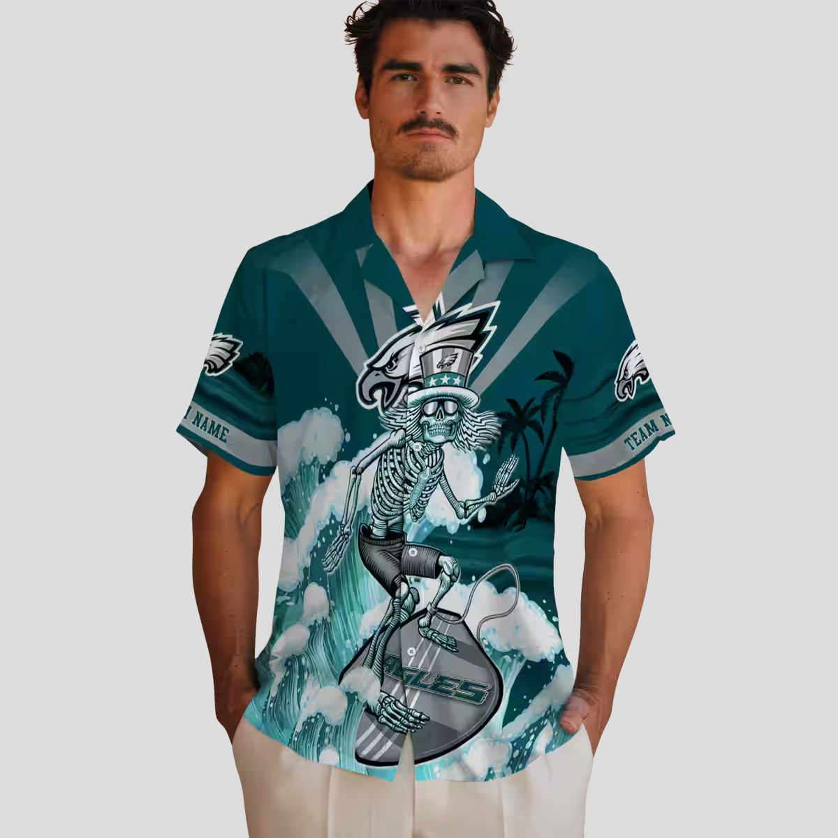 Philadelphia Eagles Surfing Skeleton Hawaiian Shirt, Custom Green & Blue NFL Aloha Shirt