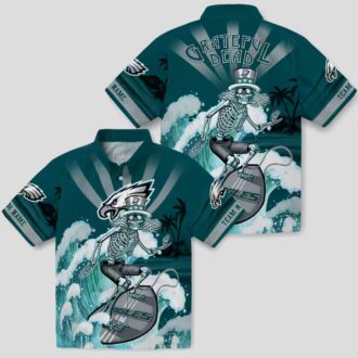 Philadelphia Eagles Surfing Skeleton Hawaiian Shirt, Custom Green & Blue NFL Aloha Shirt