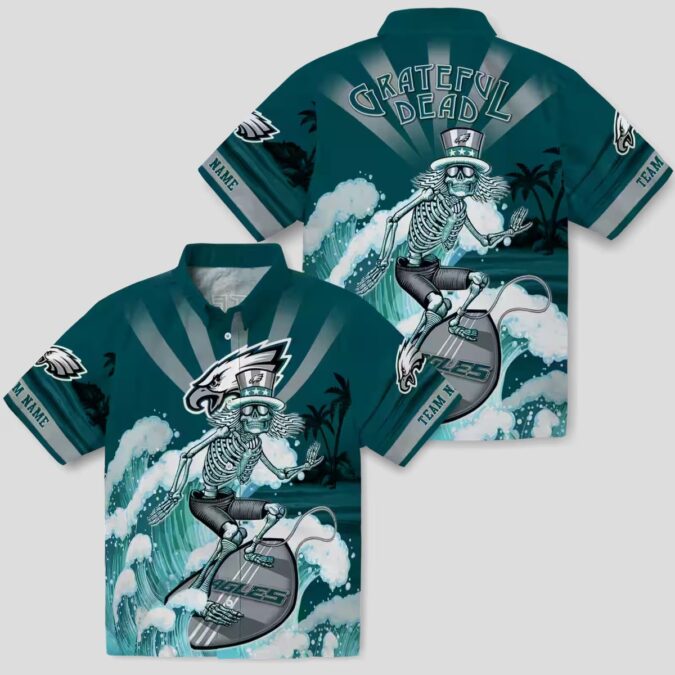 Philadelphia Eagles Surfing Skeleton Hawaiian Shirt, Custom Green & Blue NFL Aloha Shirt