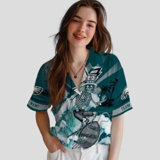Philadelphia Eagles Surfing Skeleton Hawaiian Shirt, Custom Green & Blue NFL Aloha Shirt
