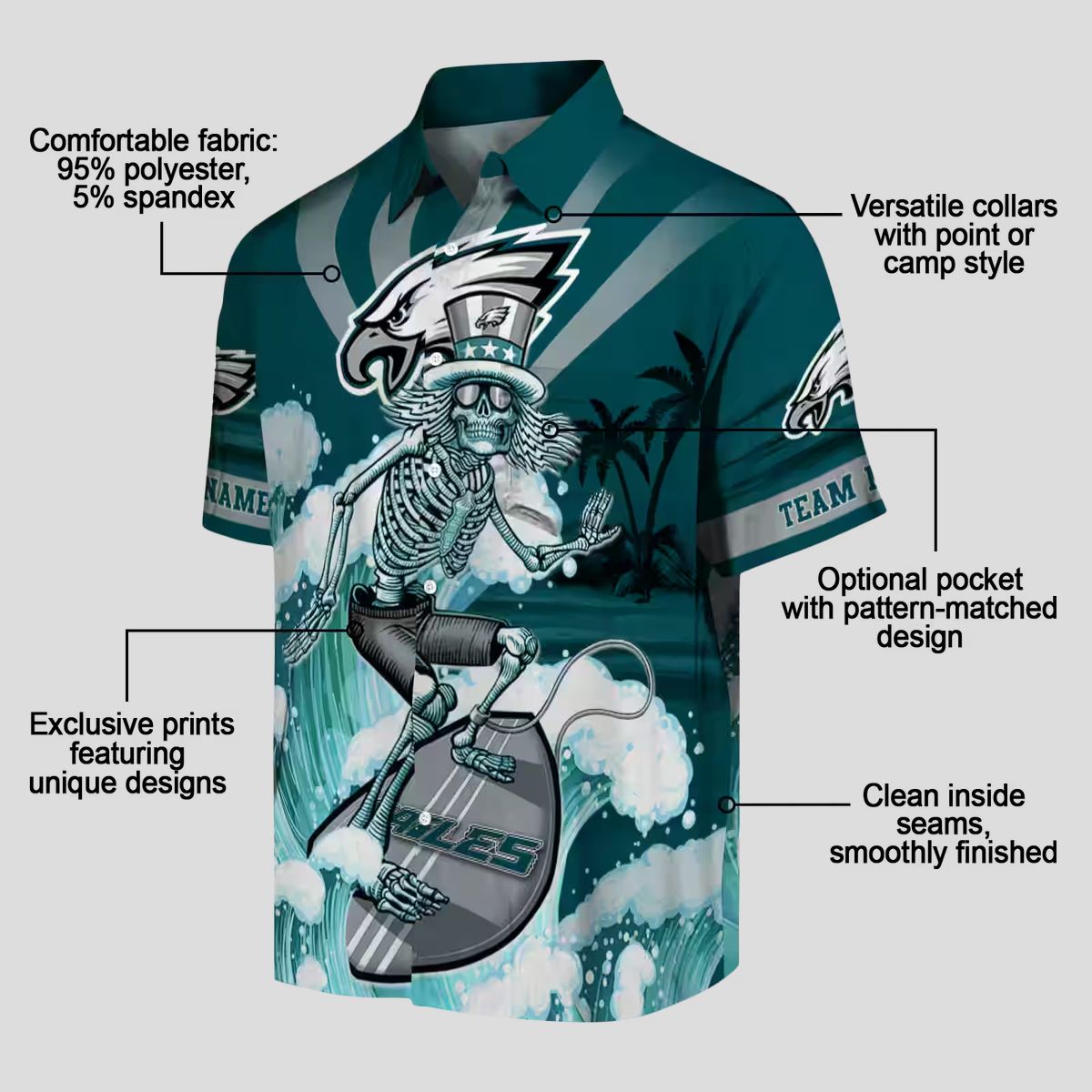 Philadelphia Eagles Surfing Skeleton Hawaiian Shirt, Custom Green & Blue NFL Aloha Shirt