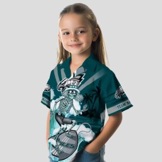 Philadelphia Eagles Surfing Skeleton Hawaiian Shirt, Custom Green & Blue NFL Aloha Shirt