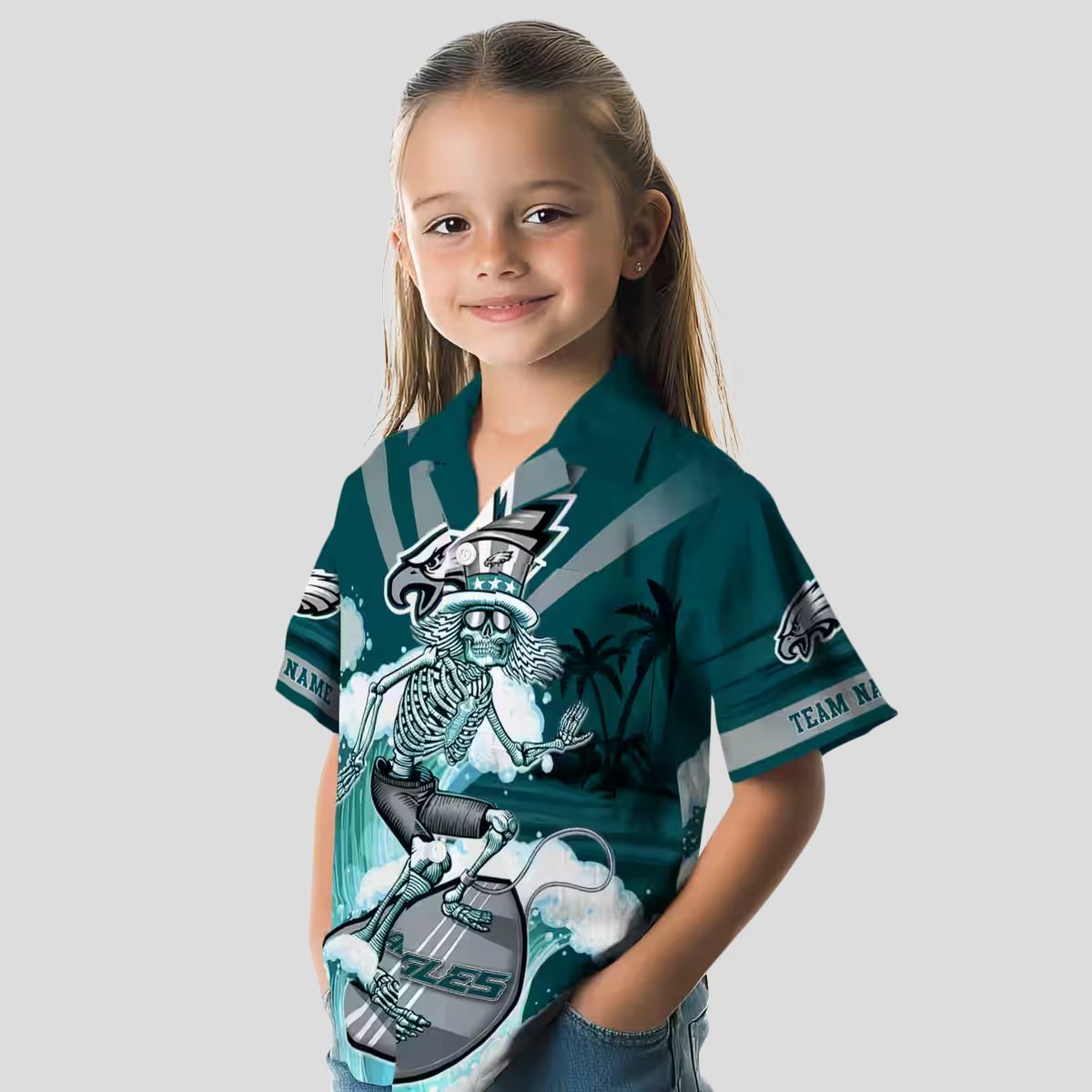 Philadelphia Eagles Surfing Skeleton Hawaiian Shirt, Custom Green & Blue NFL Aloha Shirt