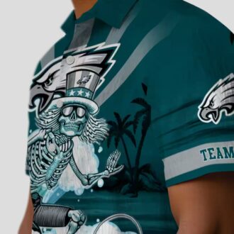 Philadelphia Eagles Surfing Skeleton Hawaiian Shirt, Custom Green & Blue NFL Aloha Shirt