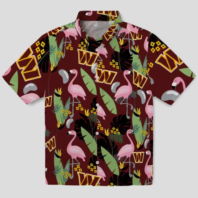 Burgundy Washington Commanders Hawaiian Shirt - Flamingo & Leaves Print