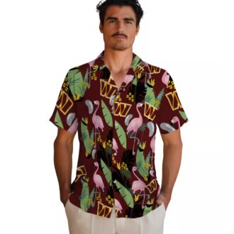 Burgundy Washington Commanders Hawaiian Shirt - Flamingo & Leaves Print