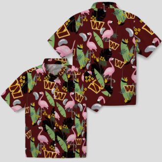Burgundy Washington Commanders Hawaiian Shirt - Flamingo & Leaves Print