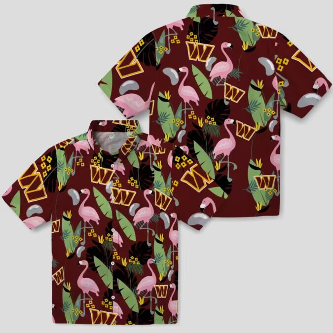 Burgundy Washington Commanders Hawaiian Shirt - Flamingo & Leaves Print