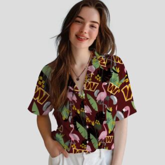 Burgundy Washington Commanders Hawaiian Shirt - Flamingo & Leaves Print