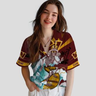 NFL Washington Commanders Surfing Skeleton Hawaiian Shirt, Burgundy & Blue Aloha Outfit