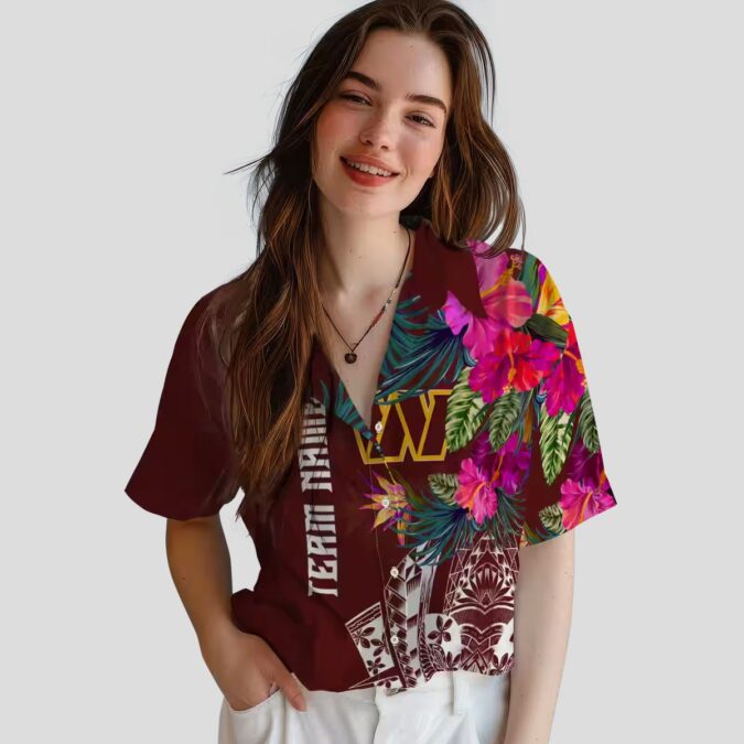 Washington Commanders Burgundy Hawaiian Shirt, Floral Polynesian Shirt for Game Day & Beach