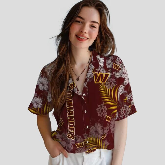 Washington Commanders Burgundy Hibiscus Hawaiian Shirt, NFL Tropical Floral Beach Shirt