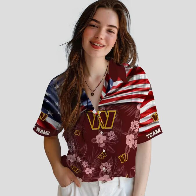 Washington Commanders Game Day Hawaiian Shirt, US Flag Hibiscus Burgundy NFL Fan Gear