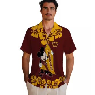 Washington Commanders Surfing Mickey Burgundy Shirt, NFL Tropical Aloha Hawaiian Shirt