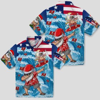 Blue Tampa Bay Buccaneers Surfing Santa Hawaiian Shirt, NFL Team Beach Shirt