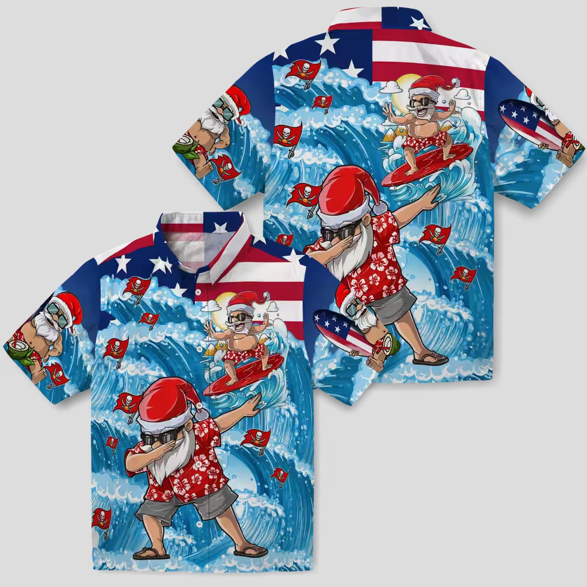 Blue Tampa Bay Buccaneers Surfing Santa Hawaiian Shirt, NFL Team Beach Shirt