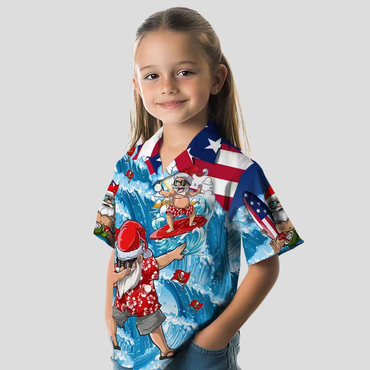 Blue Tampa Bay Buccaneers Surfing Santa Hawaiian Shirt, NFL Team Beach Shirt