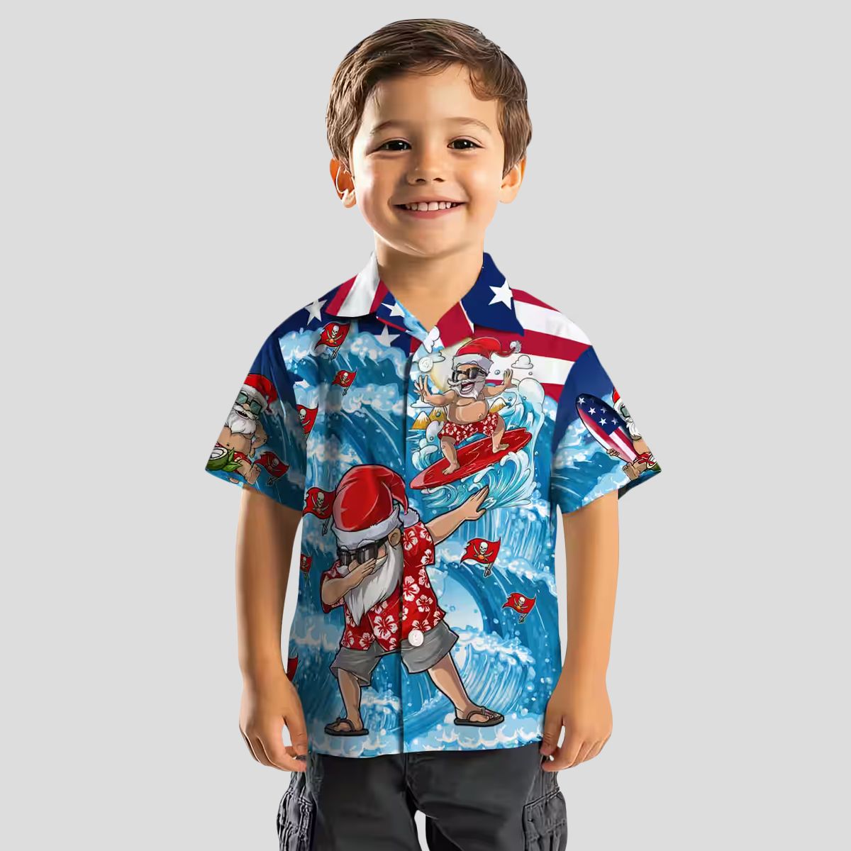 Blue Tampa Bay Buccaneers Surfing Santa Hawaiian Shirt, NFL Team Beach Shirt