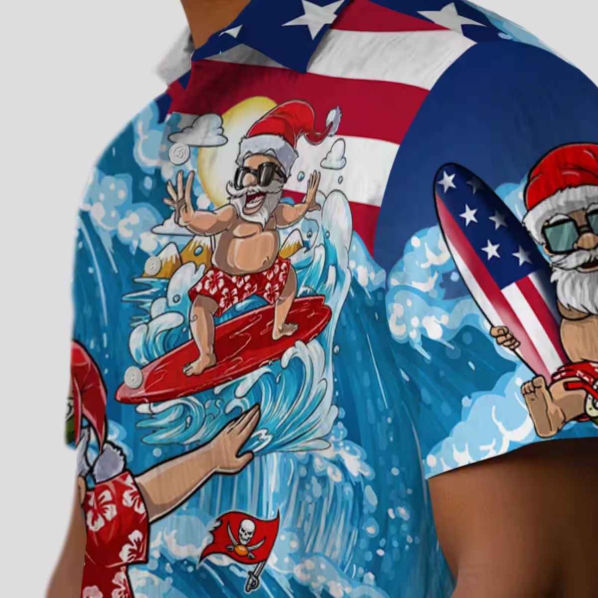 Blue Tampa Bay Buccaneers Surfing Santa Hawaiian Shirt, NFL Team Beach Shirt