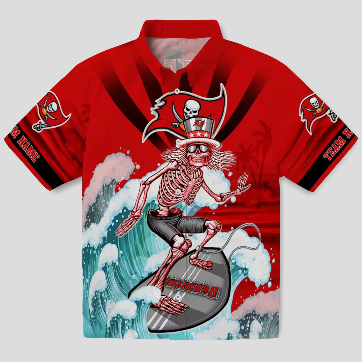 Buccaneers Surfing Skeleton Hawaiian Shirt, Red & Blue Tropical Aloha Football Fan Apparel
