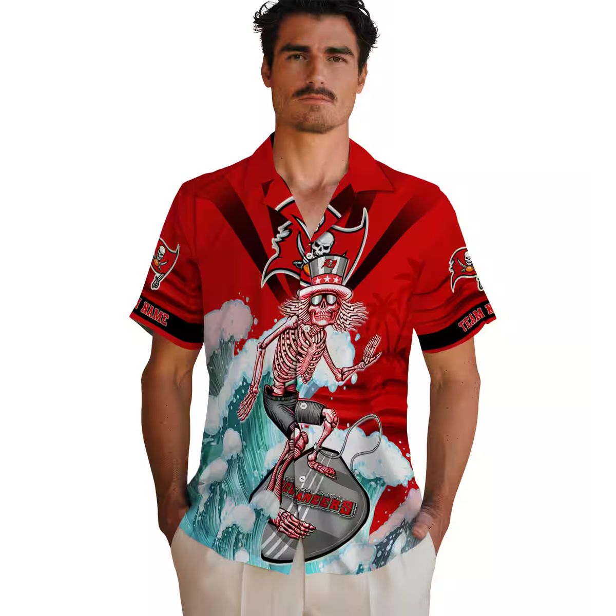 Buccaneers Surfing Skeleton Hawaiian Shirt, Red & Blue Tropical Aloha Football Fan Apparel
