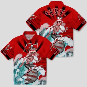 Buccaneers Surfing Skeleton Hawaiian Shirt, Red & Blue Tropical Aloha Football Fan Apparel