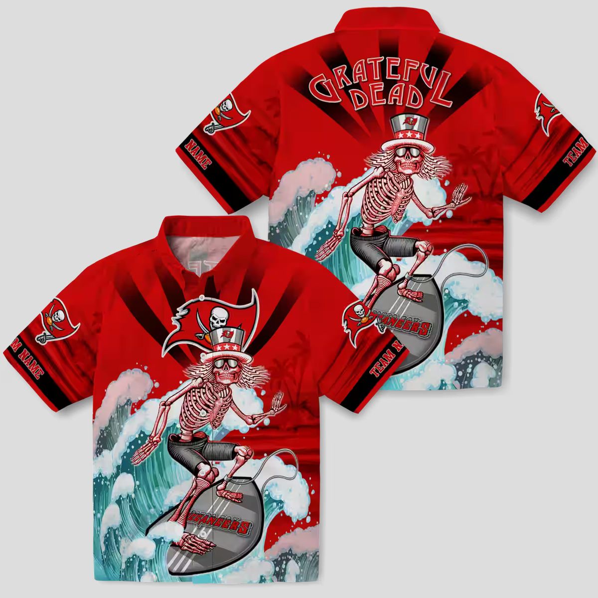 Buccaneers Surfing Skeleton Hawaiian Shirt, Red & Blue Tropical Aloha Football Fan Apparel
