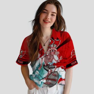 Buccaneers Surfing Skeleton Hawaiian Shirt, Red & Blue Tropical Aloha Football Fan Apparel