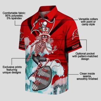 Buccaneers Surfing Skeleton Hawaiian Shirt, Red & Blue Tropical Aloha Football Fan Apparel