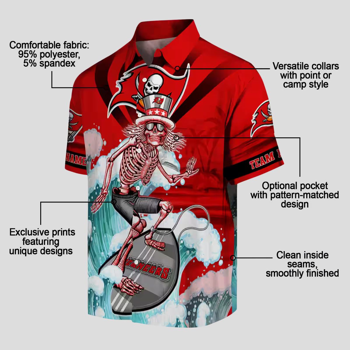 Buccaneers Surfing Skeleton Hawaiian Shirt, Red & Blue Tropical Aloha Football Fan Apparel