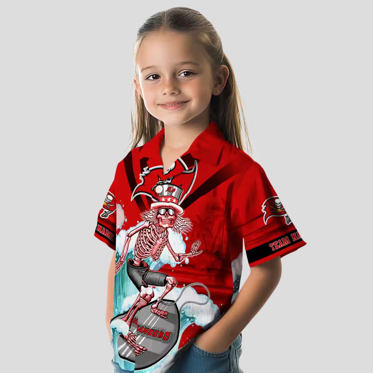 Buccaneers Surfing Skeleton Hawaiian Shirt, Red & Blue Tropical Aloha Football Fan Apparel