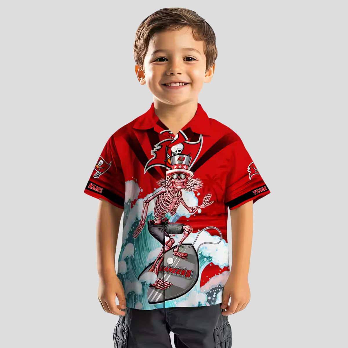 Buccaneers Surfing Skeleton Hawaiian Shirt, Red & Blue Tropical Aloha Football Fan Apparel