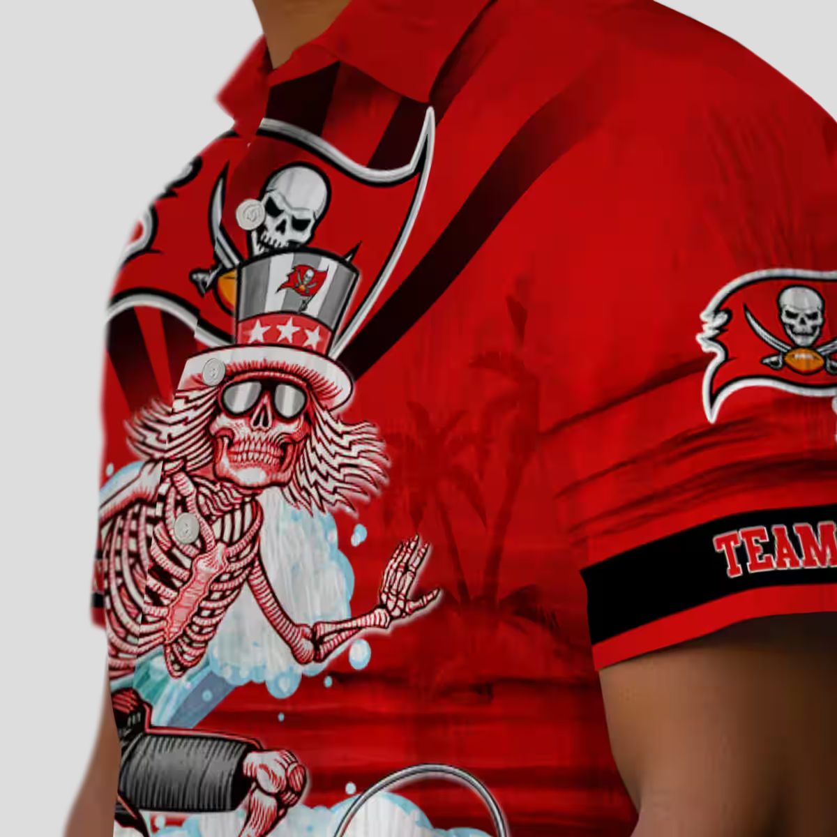 Buccaneers Surfing Skeleton Hawaiian Shirt, Red & Blue Tropical Aloha Football Fan Apparel