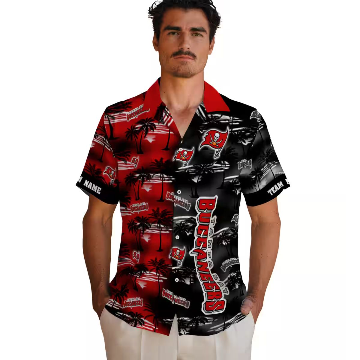 NFL Fans Tampa Bay Buccaneers Hawaiian Shirt, Red Palm Silhouette Aloha NFL Beachwear