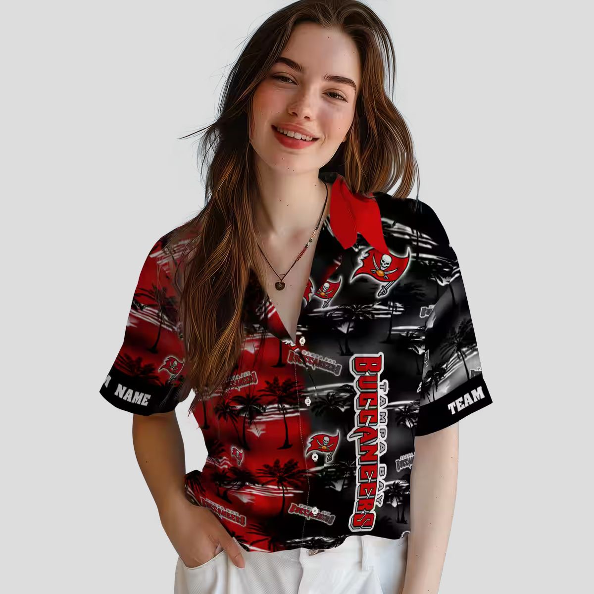 NFL Fans Tampa Bay Buccaneers Hawaiian Shirt, Red Palm Silhouette Aloha NFL Beachwear
