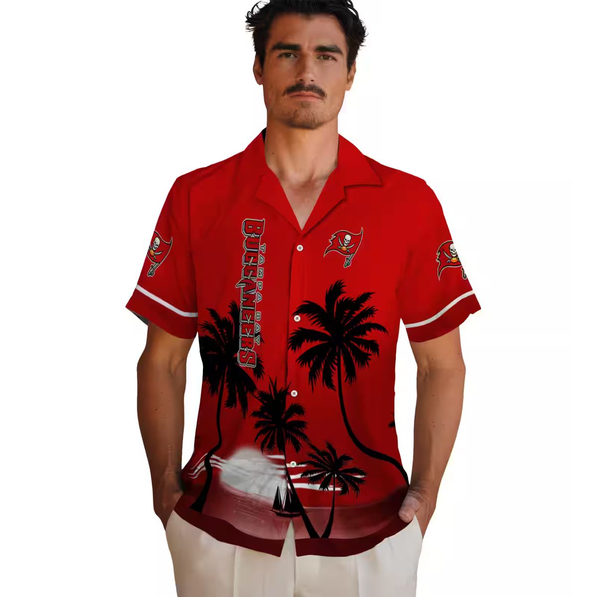NFL Tampa Bay Buccaneers Beach Sunset Hawaiian Shirt, Red Black Summer Fan Apparel