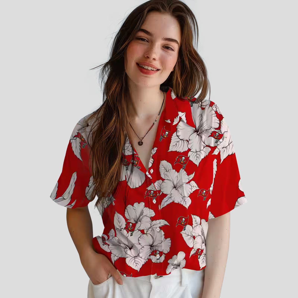 NFL Tampa Bay Buccaneers Hibiscus Blooms Hawaiian Shirt, Red White Tropical Summer Gear