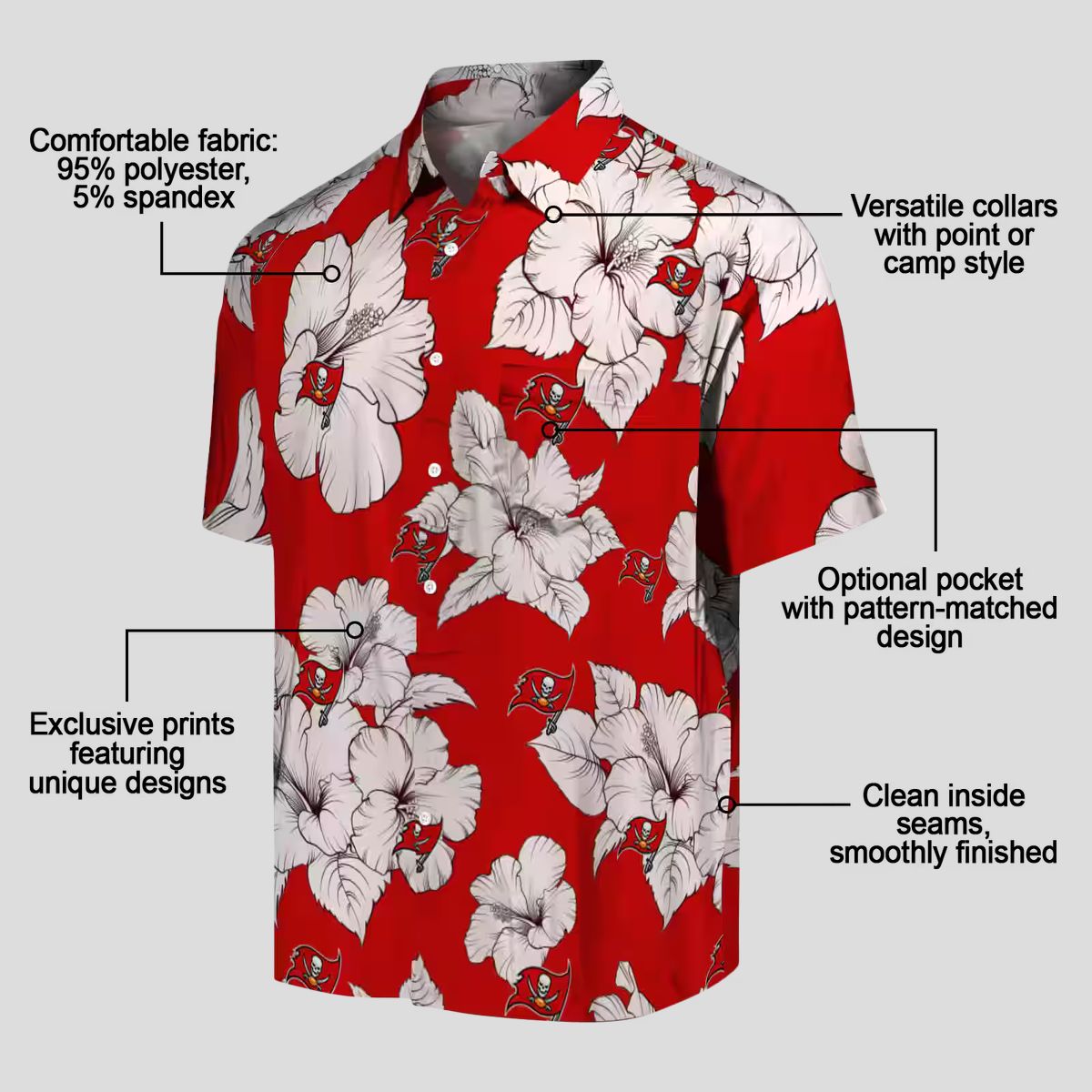 NFL Tampa Bay Buccaneers Hibiscus Blooms Hawaiian Shirt, Red White Tropical Summer Gear