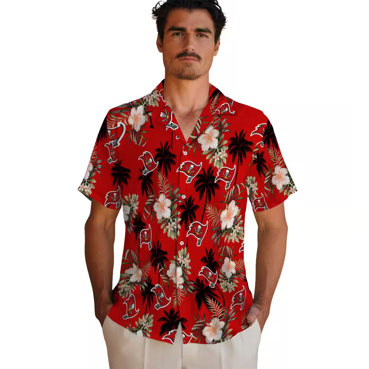 NFL Tampa Bay Buccaneers Tropical Flower Hawaiian Shirt - Red Palm Tree Print