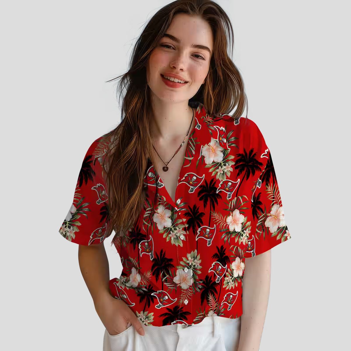 NFL Tampa Bay Buccaneers Tropical Flower Hawaiian Shirt - Red Palm Tree Print